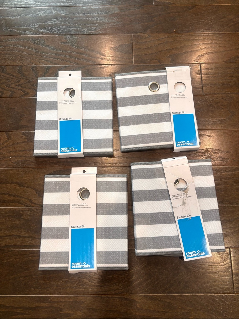 4 Room Essentials Gray & White Striped Storage Bins